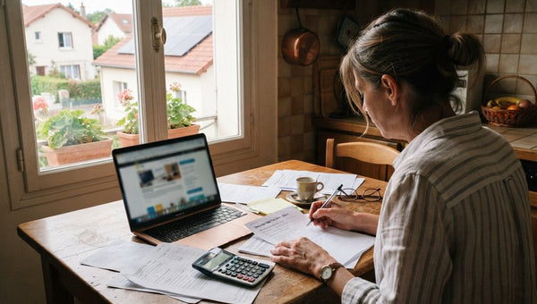 Femme préparant les documents d'aide pour panneau solaire