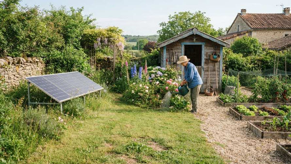 Jardin avec panneau solaire et arrosage