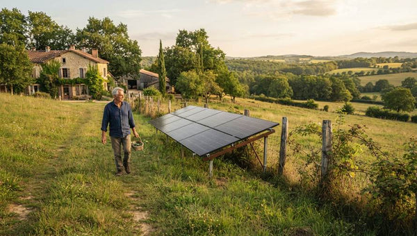 Panneau solaire au sol en campagne au coucher du soleil