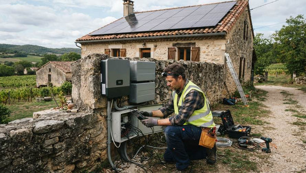 Technicien installant un kit panneau solaire avec batterie et convertisseur