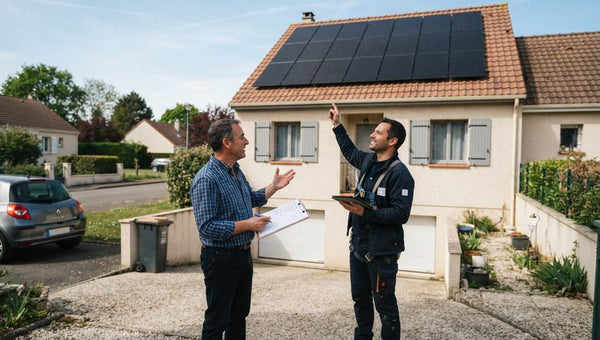 Technicien discutant du prix des panneaux solaires pour une maison